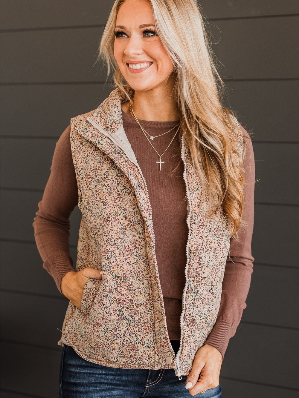 Light Floral Quilted Vest in Beige and Mauve